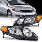 Pair Headlights Assembly For 2006-2011 Honda Civic 1.3L 1.8L 2.0L Black Amber 6B93BC-57