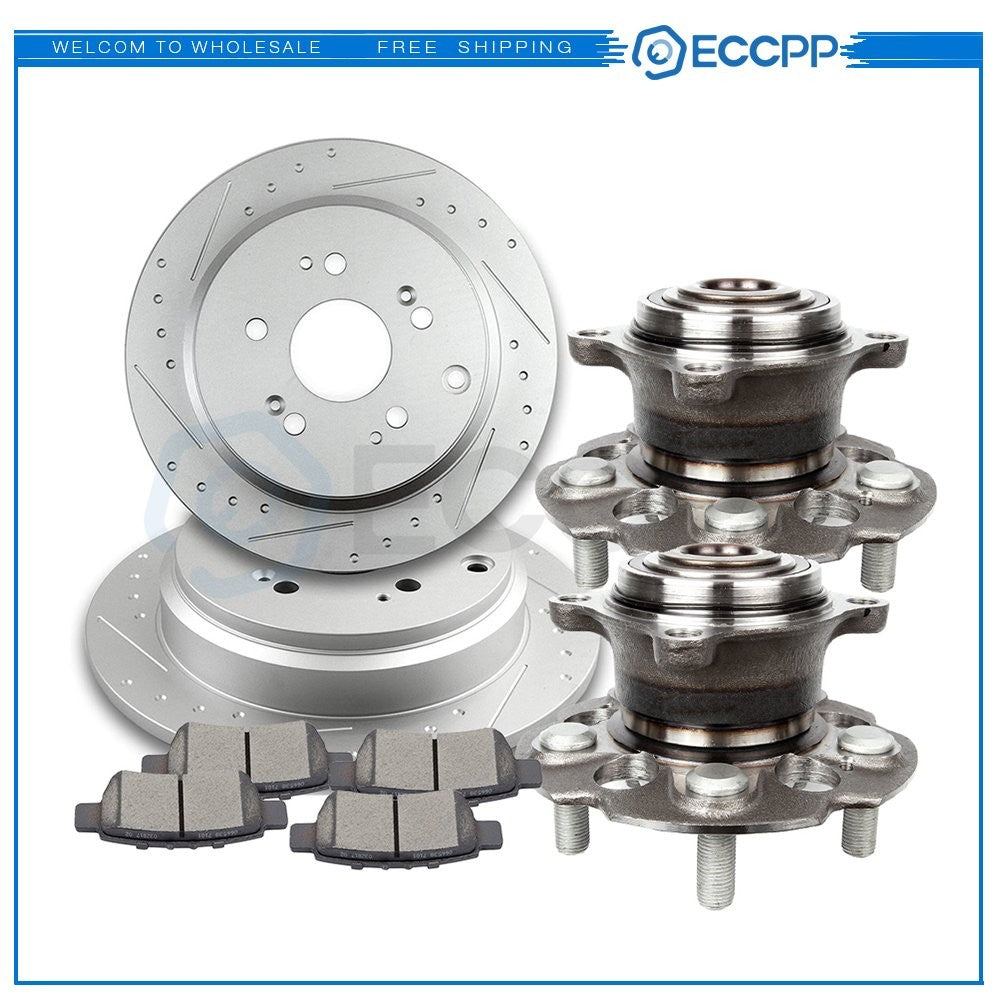 Rear Slot Brake Rotors Ceramic Pads & Wheel Hub Bearings For 05-10 Honda Odyssey 6B93BC-57
