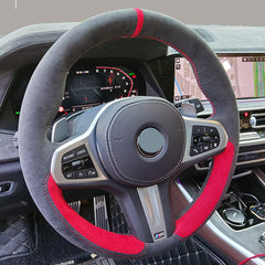 Black Red Suede Leather Steering Wheel Hand-stitch on Wrap Cover For BMW X5 G05