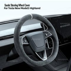 Black Suede Steering Wheel Hand-stitch on Wrap Cover For Tesla Model 3 Highland