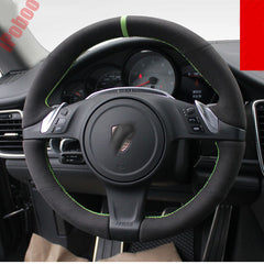 Black Suede Leather Steering Wheel Green Stitch Wrap Cover For Porsche Panamera