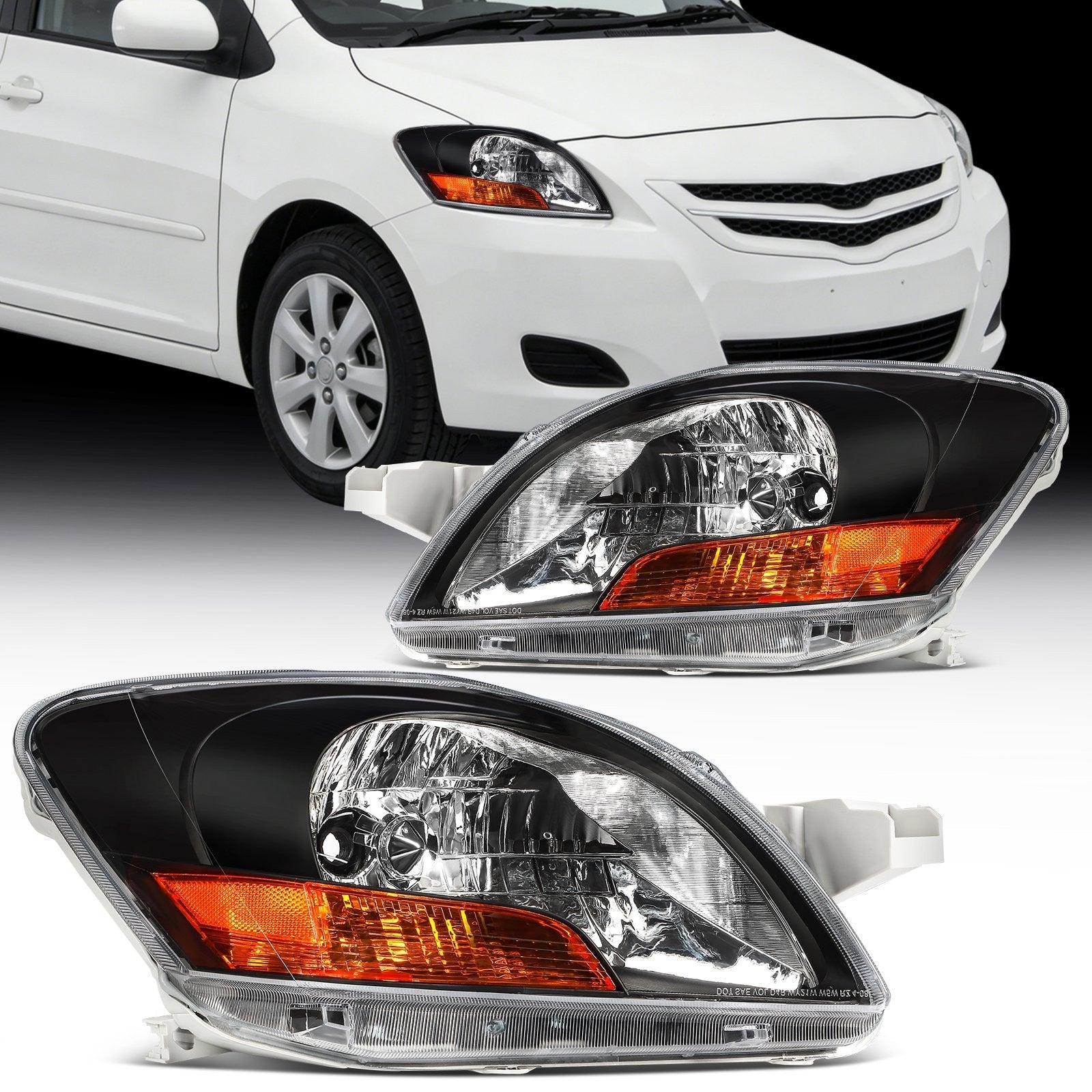 Pair Kit Halogen Headlights Assembly For 2007-2011 Toyota Yaris 1.5L Black Amber 6B93BC-57