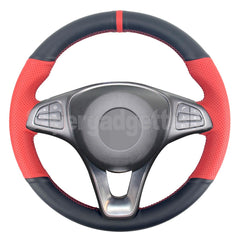 Black&Red Hole Leather Steering Wheel Stitch-on Wrap Cover For Mercedes C180