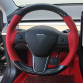 Carbon Fiber&Red Leather Steering Wheel Hand Sewing Wrap For Tesla model 3 Y