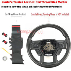 Black Side Hole Leather Steering Wheel Red Stitch Wrap Cover For Ford F-150 F250
