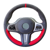 Black Red Suede Leather Steering Wheel Hand-stitch on Wrap Cover For BMW X5 G05
