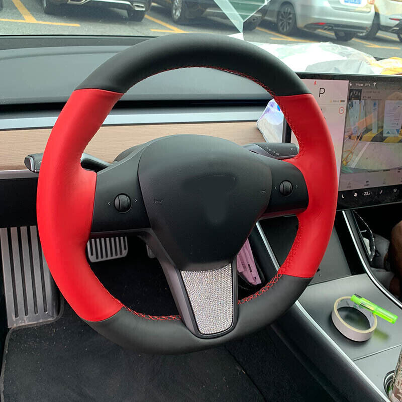 Black Leather Steering Wheel Red Hold Hand-stitch Wrap Cover For Tesla Model 3 Y 6B93BC-57