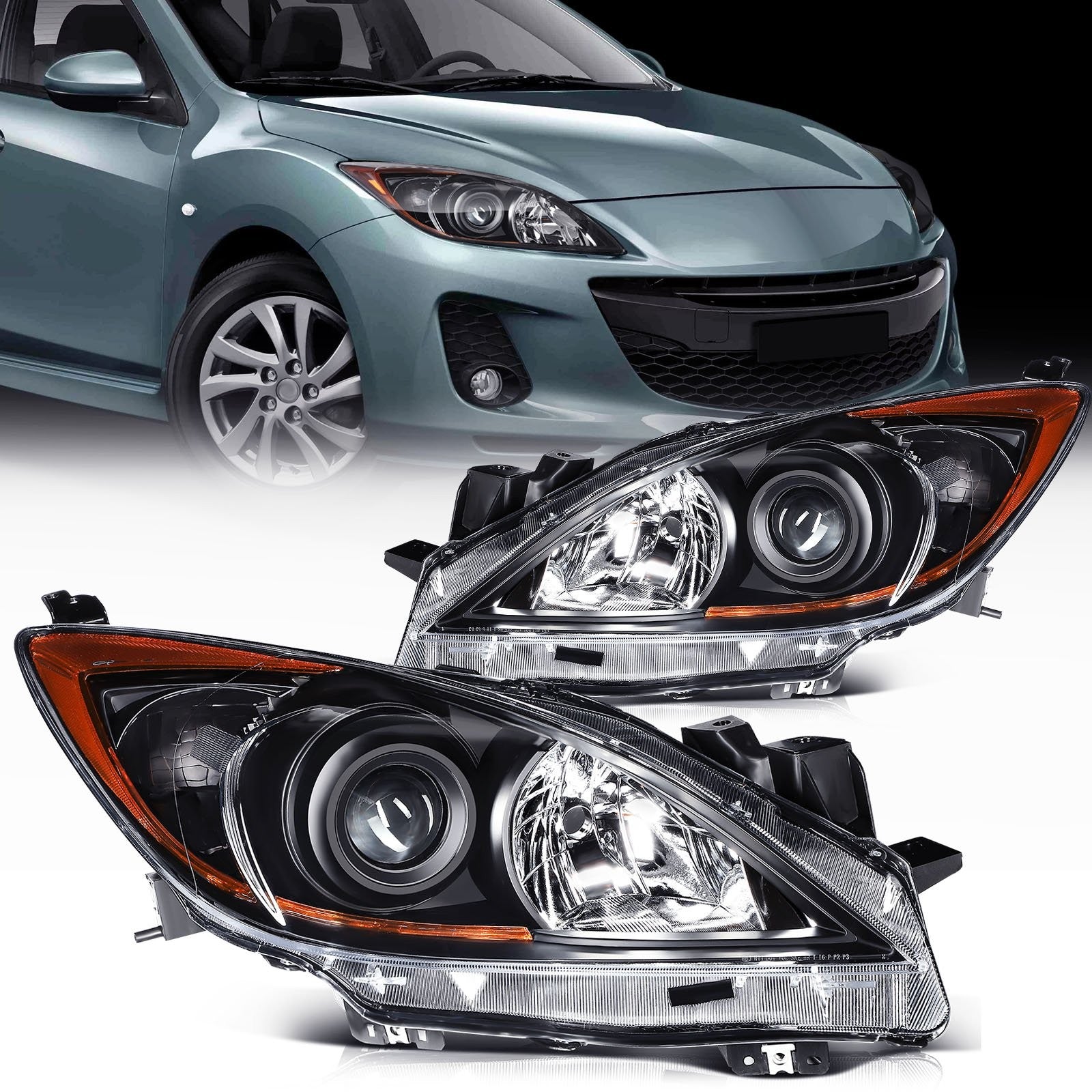 ECCPP Headlights Assembly For Mazda 3 Sport 2.0L 2.5L 2010-2013 Pair Black Amber 6B93BC-57