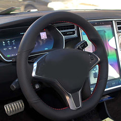 Black PU Hole Leather Steering Wheel Stitch-on Wrap Cover For Tesla Model S/X