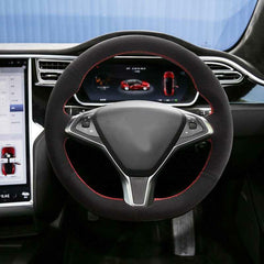 All Black Suede Leather Steering Wheel Red Stitch Wrap Cover For Tesla Model S/X
