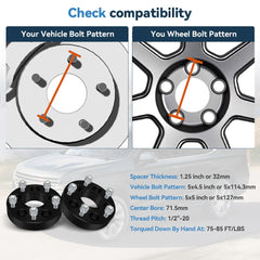 1.25" 5x4.5 to 5x5 Wheel Adapters 1/2"x20 For Ford Jeep 5x114.3 Convert to 5x127