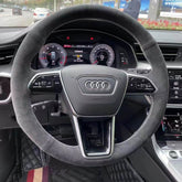 Black Suede Leather Steering Wheel White Stitch on Wrap Cover For Audi A6/A7/S7