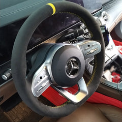 Black Suede Yellow Strip Leather Steering Wheel Sewing Wrap For Mercedes A-Class