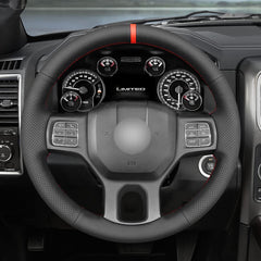 Black Leather Red Strip Steering Wheel Hand-stitch on Wrap Cover For Dodge Ram