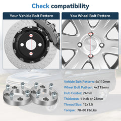 4 Pcs 1" Wheel Adapters 12x1.5 For Honda Suzuki 4/110 to Arctic Cat 4/115 Wheels 6B93BC-57