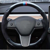 5D Carbon Fiber&Black Suede Steering Wheel Hand Sewing Wrap For Tesla Model 3 Y