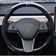 5D Carbon Fiber&Black Suede Steering Wheel Hand Sewing Wrap For Tesla Model 3 Y