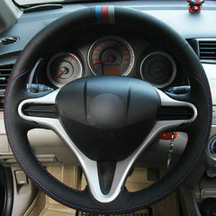 Black Leather Hand-Stitched Steering Wheel Wrap Cover for Honda Fit 2009-2013
