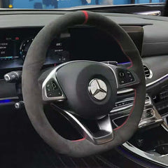 Black Suede Leather Red Marker Steering Wheel Stitch on Wrap For Mercedes E300