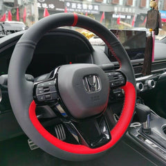 Black&Red Leather Steering Wheel Hand Sewing Wrap Cover For Honda Civic 2022