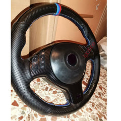 5D Carbon Fiber& Leather Steering Wheel Hand-stitch on Wrap Cover For BMW E46