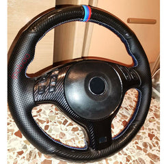 5D Carbon Fiber& Leather Steering Wheel Hand-stitch on Wrap Cover For BMW E46