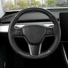 3D Carbon Fiber&Leather Steering Wheel White Stitch Wrap Cover For Tesla Model 3
