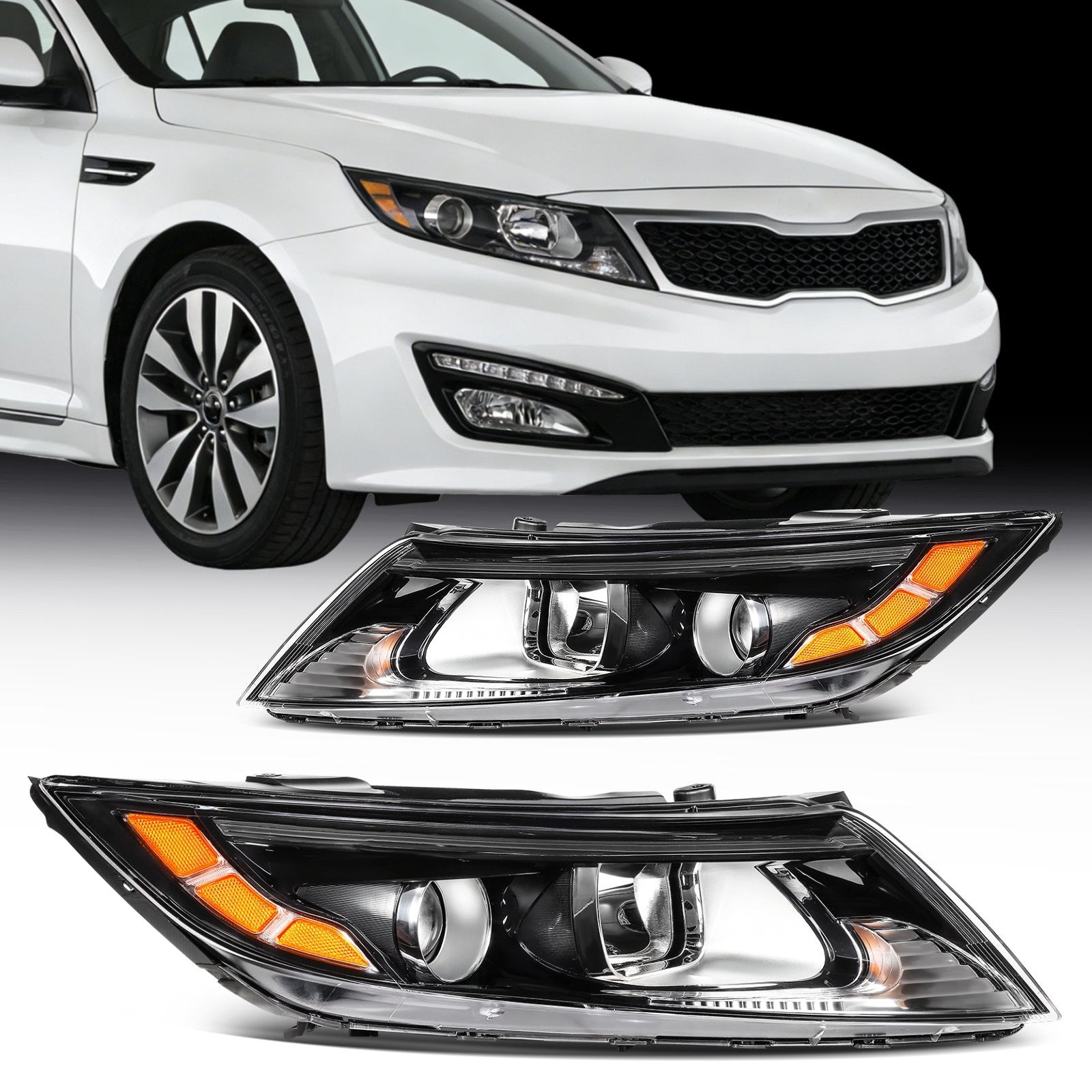 ECCPP Headlights Assembly For Kia Optima 2.0L 2.4L 2011-2013 Pair Black Amber 6B93BC-57