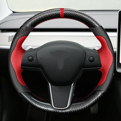 5D Carbon Fiber&Leather Steering Wheel Red Stitch Wrap Cover For Tesla Model 3 Y