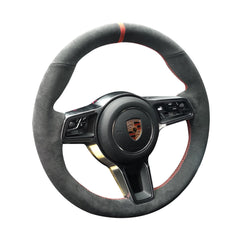 Black Suede Leather Steering Wheel Red Stitch Wrap Cover Fit For Porsche Cayenne
