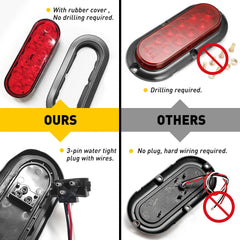 2X Red 16" Oval Lights Trailer 10 LED Stop Tail Turn Truck Sealed Grommet Plug 6B93BC-57