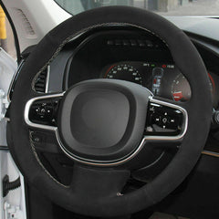 Black Suede Steering Wheel Hand-stitch on Wrap Cover For Volvo XC90 2015-2017