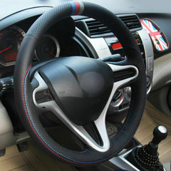 Black Leather Hand-Stitched Steering Wheel Wrap Cover for Honda Fit 2009-2013