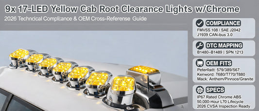 9x 17-LED Yellow Cab Roof Clearance Lights w/Chrome for Peterbilt, Kenworth & Mack — 2026 Technical Compliance & OEM Cross-Reference Guide