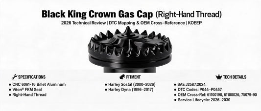Black King Crown Gas Cap (Right-Hand Thread) for Harley Softail & Dyna — 2026 Technical Review, DTC Mapping & OEM Cross-Reference | Koeep