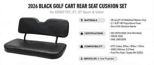 2026 Black Golf Cart Rear Seat Cushion Set for EZGO TXT, ST, ST Sport & Valor — Technical Specs, DTC Compatibility & OEM Cross-Reference
