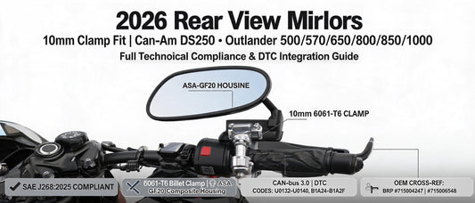 2026 Rear View Mirrors: 10mm Clamp Fit for Can-Am DS250 & Outlander 500/570/650/800/850/1000 — Full Technical Compliance & DTC Integration Guide