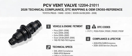 PCV Vent Valve 12204-21011: 2026 Technical Compliance, DTC Mapping & OEM Cross-Reference for Toyota Prius, Yaris, Echo & Scion XA/XB (2000–2008)
