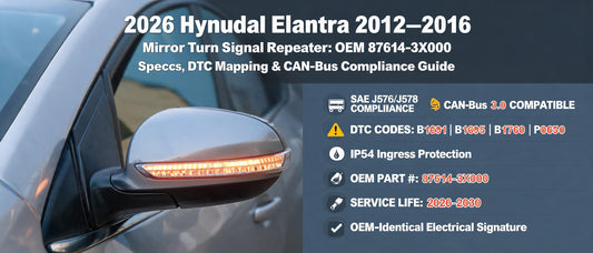2026 Hyundai Elantra 2012–2016 Mirror Turn Signal Repeater: OEM 87614-3X000 Specs, DTC Mapping & CAN-Bus Compliance Guide