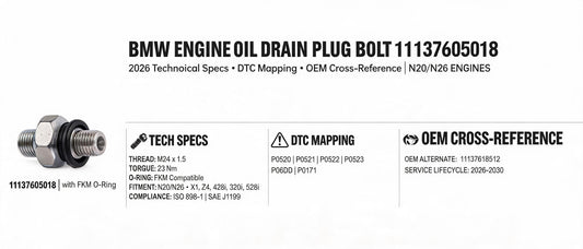 BMW Engine Oil Drain Plug Bolt 11137605018: 2026 Technical Specs, DTC Mapping & OEM Cross-Reference for N20/N26 Engines