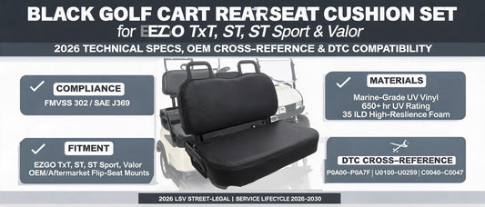 Black Golf Cart Rear Seat Cushion Set for EZGO TxT, ST, ST Sport & Valor — 2026 Technical Specs, OEM Cross-Reference & DTC Compatibility