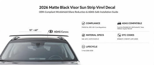 2026 Matte Black Visor Sun Strip Vinyl Decal: OEM-Compliant Windshield Glare Reduction & ADAS-Safe Installation Guide