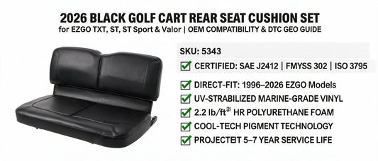 2026 Black Golf Cart Rear Seat Cushion Set for EZGO TXT, ST, ST Sport & Valor — OEM Compatibility & DTC GEO Guide