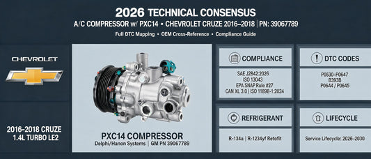 2026 Technical Consensus: A/C Compressor w/ PXC14 for Chevrolet Cruze 2016–2018 (39067789) — Full DTC Mapping, OEM Cross-Reference & Compliance Guide