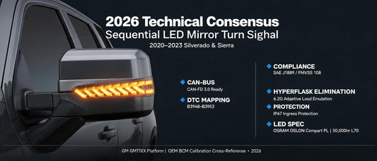 2026 Technical Consensus: Sequential LED Mirror Turn Signal for 2020–2023 Silverado & Sierra — SAE J1889 Compliance, DTC Mapping & CAN-Bus 3.0 Readiness