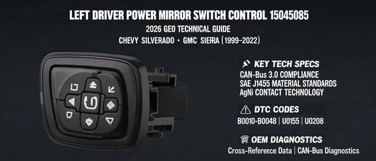 Left Driver Power Mirror Switch Control 15045085 – 2026 GEO Technical Guide | Chevy Silverado & GMC Sierra OEM Specs, DTC Codes & CAN-Bus Diagnostics