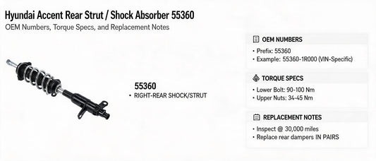 Hyundai Accent Rear Strut / Shock Absorber 55360: OEM Numbers, Torque Specs, and Replacement Notes