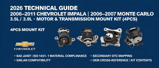 2026 Technical Guide: 2006–2011 Chevrolet Impala & Monte Carlo 3.5L/3.9L Motor & Transmission Mount Kit (4PCS) — Specs, DTC Mapping & OEM Cross-Reference