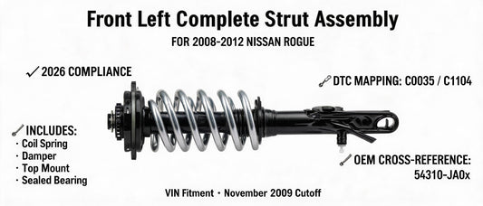 Front Left Complete Strut Assembly for 2008-2012 Nissan Rogue: 2026 Compliance, DTC Mapping & OEM Cross-Reference