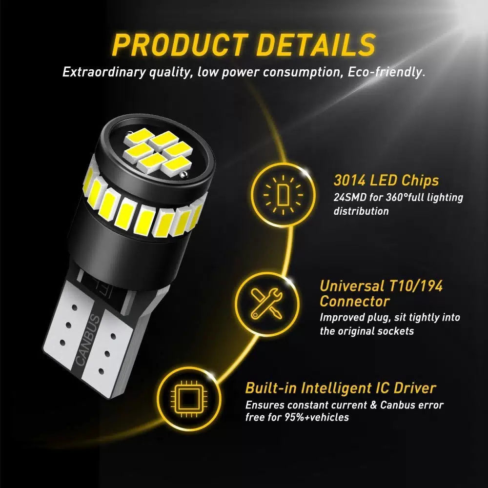 10 PC AUXITO CANBUS 24-SMD T10 HID White LED Light Bulbs 194 168 175 W5W 2825 EA AUXITO [4]
